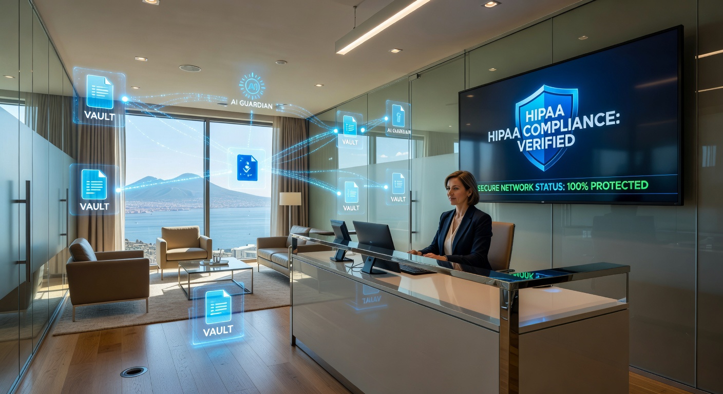 Ultra-realistic 8K image of a Naples medical office with AI systems protecting patient data, showing HIPAA compliance indicators and secure network visualization