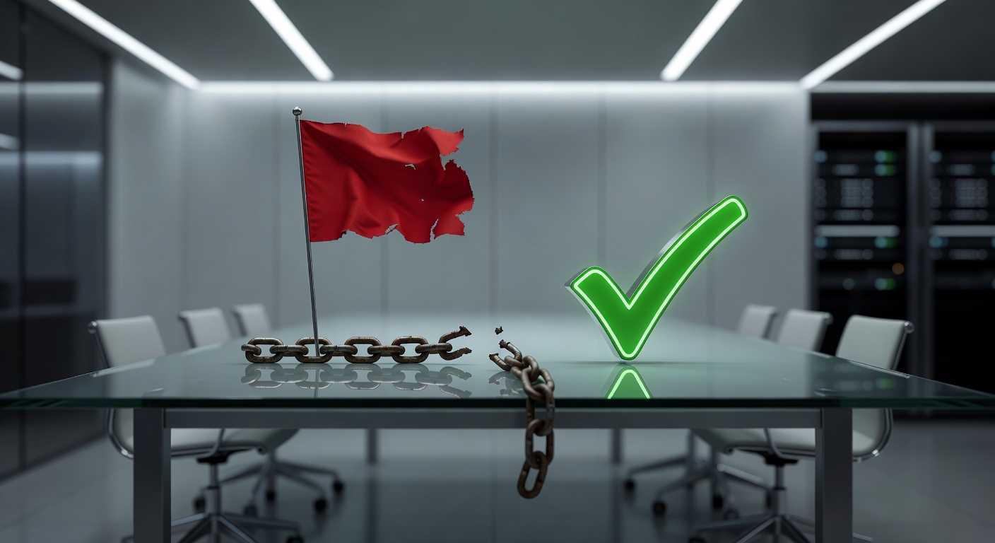 Red flag warning symbols with broken chain links representing poor IT service providers, contrasted with green checkmarks for quality managed IT, symbolic 8K image