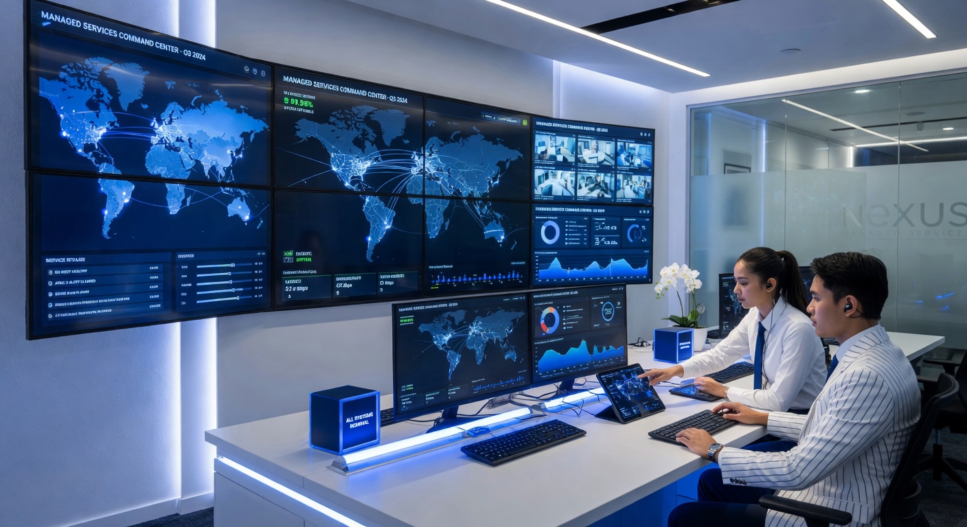Modern managed services command center with multiple large screens showing network status, clean professional environment, blue and white color scheme, 8K detail