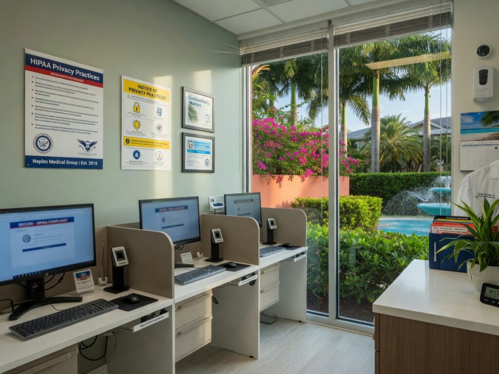 Ultra-realistic 8K photograph of a modern medical office interior in Naples Florida with secure computer workstations and HIPAA compliance posters on the wall, natural light coming through windows showing tropical landscaping outside, professional medical environment