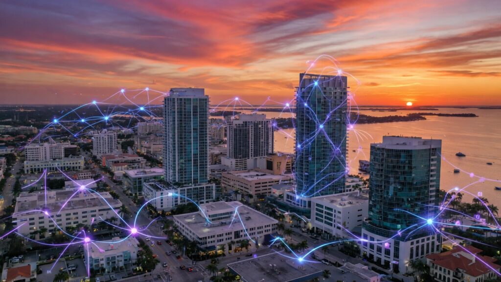 Ultra-realistic 8K aerial view of downtown Naples Florida skyline at sunset with glowing AI neural network patterns overlaying modern office buildings, professional business atmosphere, vibrant colors, cinematic lighting