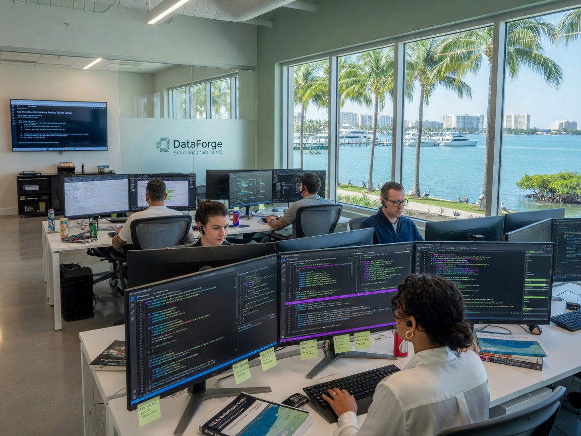 Ultra-realistic 8K photograph of a modern technology office in Naples Florida with database development team working on multiple monitors showing complex SQL queries, waterfront view through large windows, professional atmosphere, natural lighting