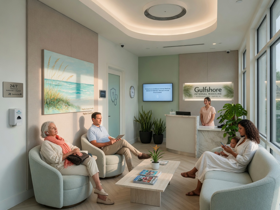 Peaceful ultra-realistic 8K image of a Naples Florida medical practice waiting room with subtle security icons integrated into the modern design, patients looking relaxed