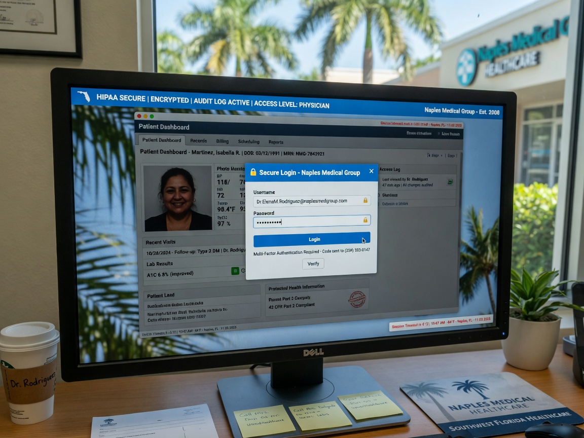 Ultra-realistic 8K image of HIPAA compliant healthcare database interface on a medical office computer, patient data dashboard, secure login screen, professional healthcare environment in Naples Florida