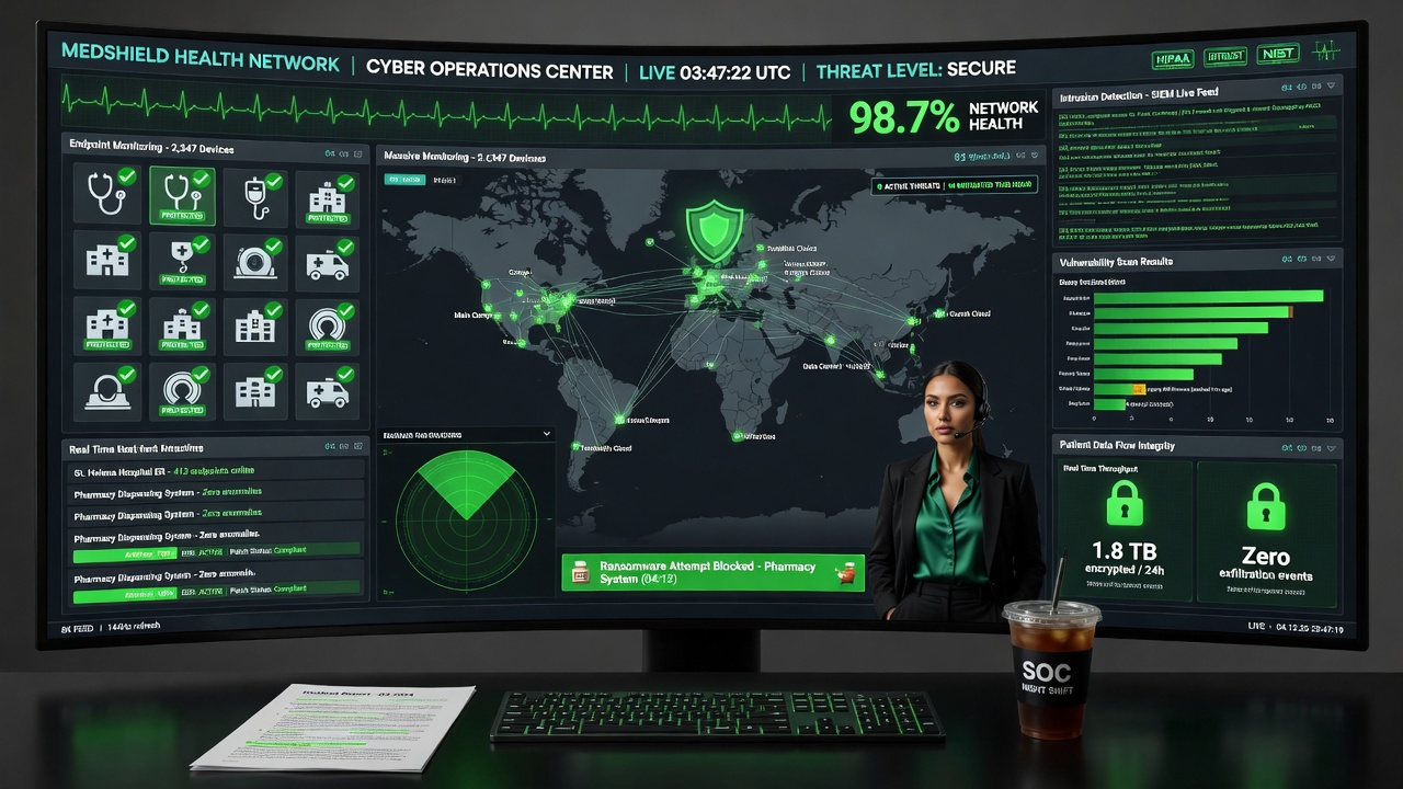 Ultra-detailed 8K cybersecurity operations center dashboard showing real-time monitoring for a healthcare network, multiple screens with green security status indicators