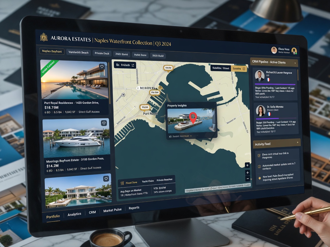 Detailed 8K rendering of luxury real estate database dashboard displaying high-end waterfront properties in Naples Florida with interactive maps and client relationship management features