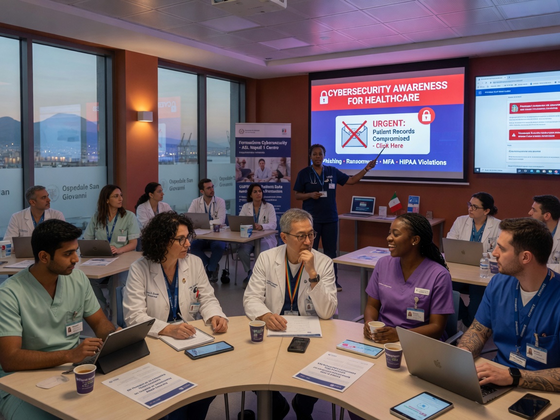 Professional 8K photograph of a diverse medical staff in a training session about cybersecurity awareness, modern Naples medical conference room with large screens