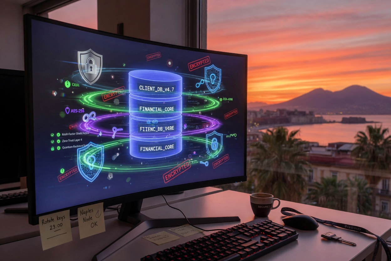 Ultra-realistic 8K cybersecurity concept image showing database security with multiple protection layers, digital shields, encryption symbols, Naples sunset visible through office window