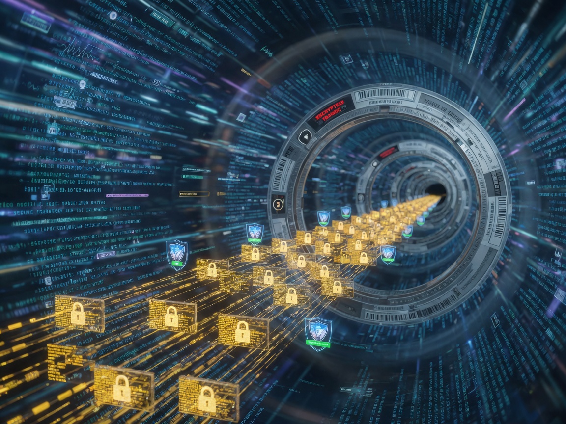 Ultra-realistic 8K image of encrypted medical data flowing safely through a digital tunnel with security barriers, abstract representation of HIPAA compliant data transfer