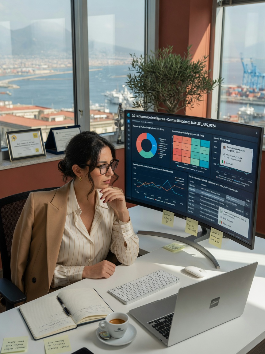 Professional ultra-realistic 8K photograph of a female data analyst reviewing business intelligence reports generated from custom database on large monitor, Naples office setting