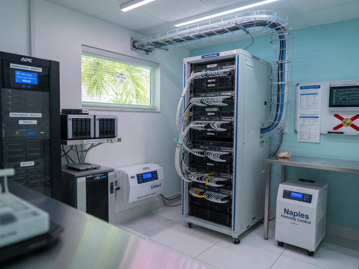 Wide-angle 8K photograph of a small medical practice server room with organized cabling, backup systems, and cooling units, clean clinical environment in Naples Florida
