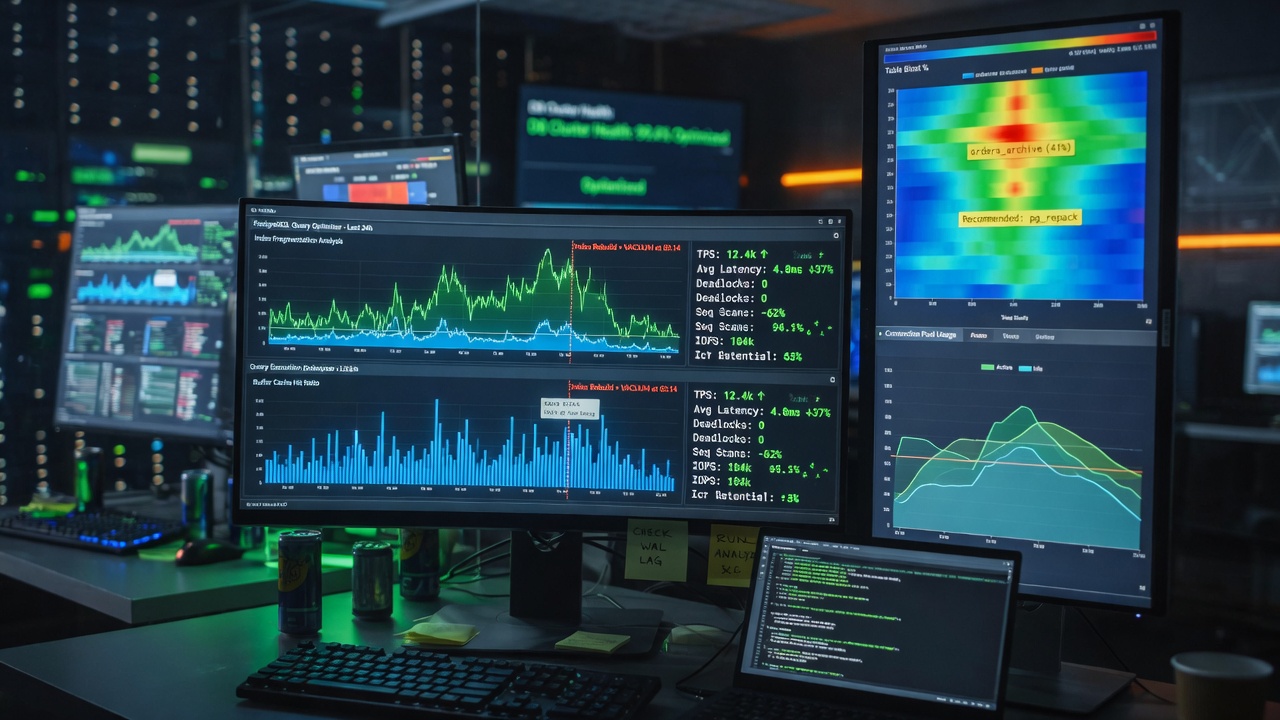 Ultra-realistic 8K image of database performance optimization graphs and metrics displayed on multiple screens in a technology operations center, green and blue data visualization