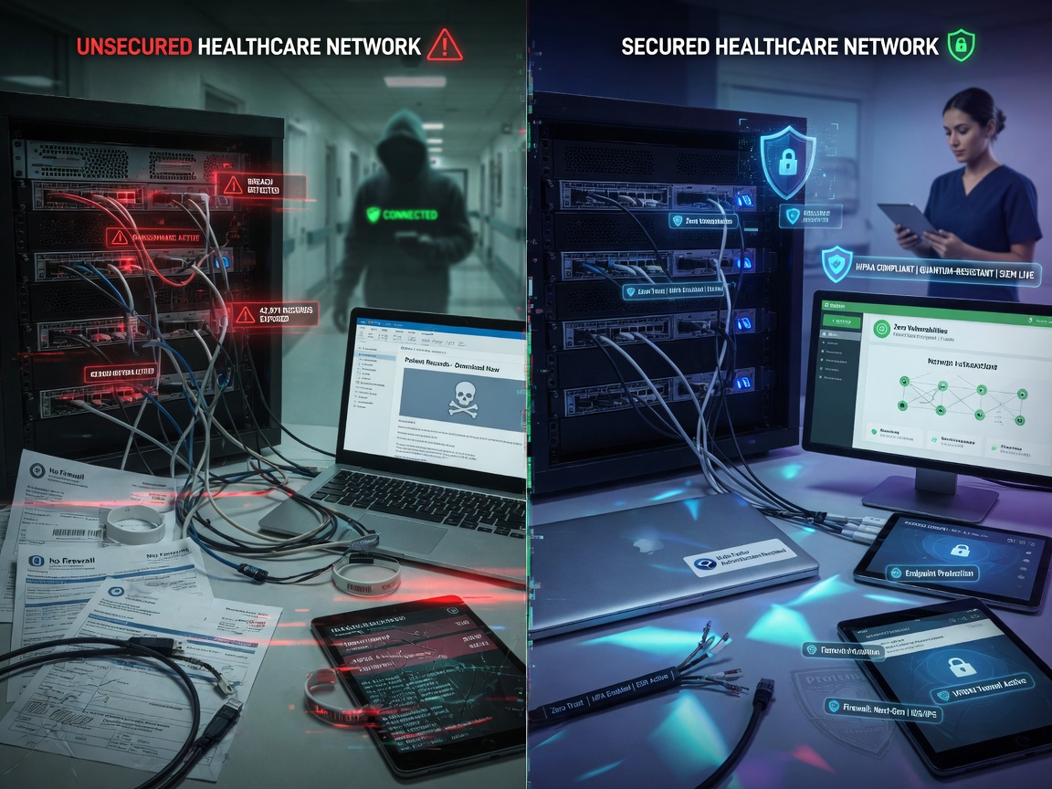 Conceptual ultra-realistic 8K image showing before and after comparison of unsecured vs secured healthcare network, split screen with dramatic lighting difference