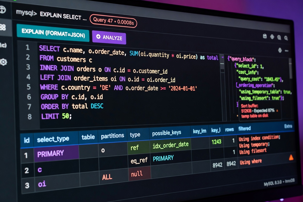 Close-up 8K technical image of MySQL database query execution plan with explain output, syntax highlighting, dark theme developer interface, ultra sharp detail
