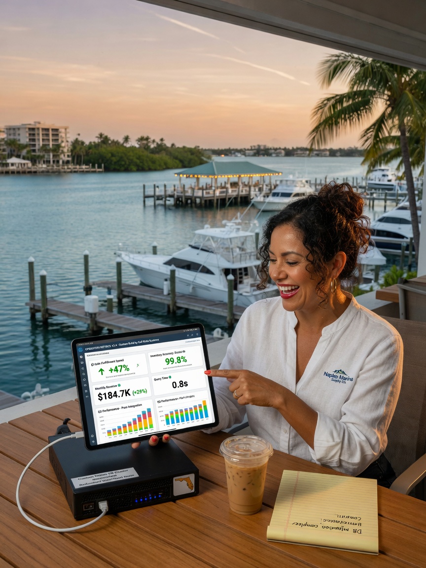 Ultra-realistic 8K image of happy Naples Florida business owner reviewing improved operational metrics on tablet connected to new custom database system, waterfront background