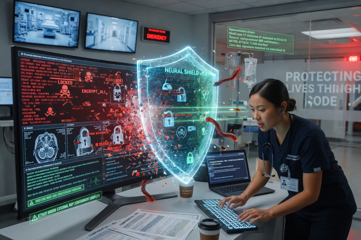 Detailed 8K visualization of ransomware attack being blocked by advanced security systems protecting a medical facility, dynamic action shot with digital elements