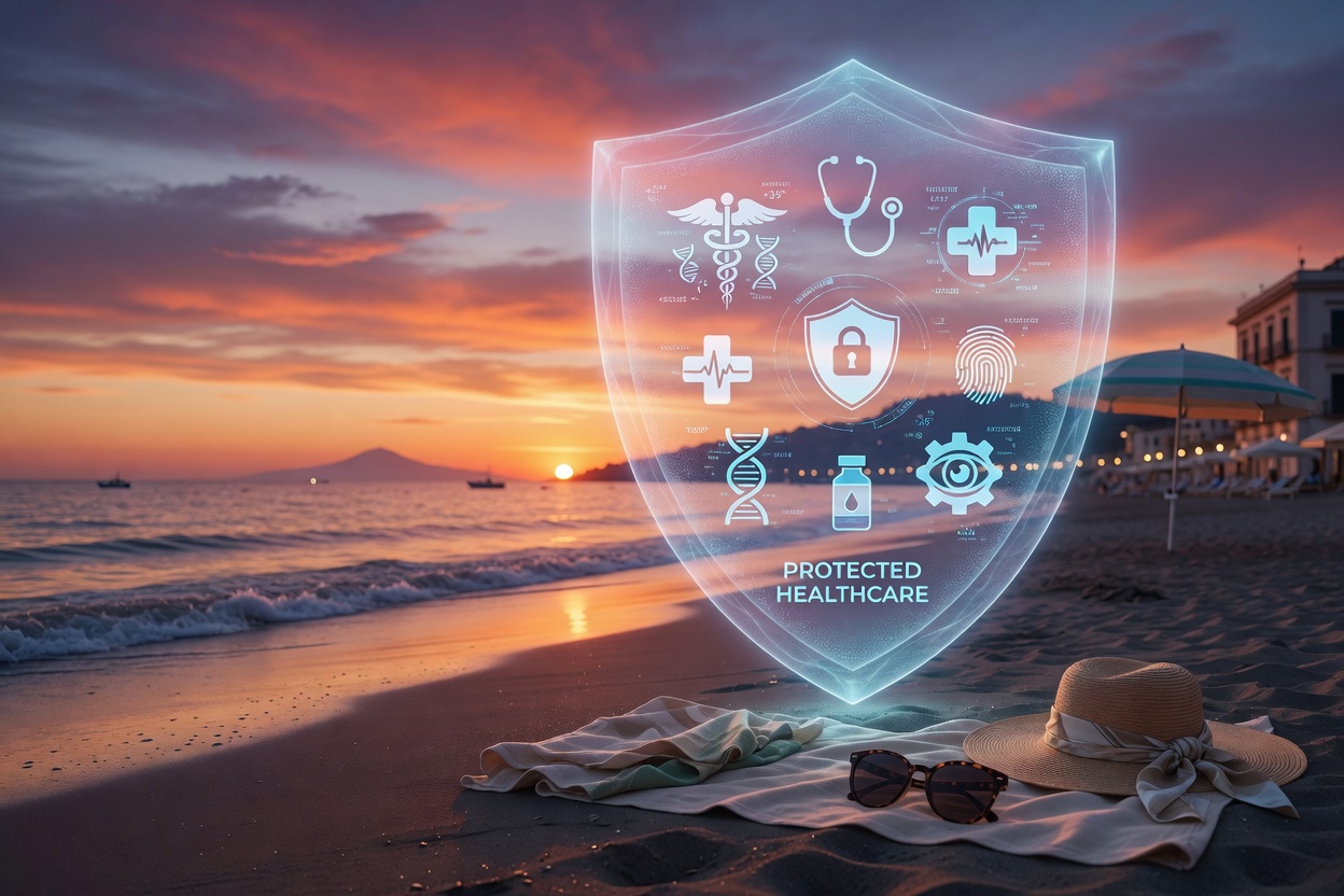 Serene ultra-realistic 8K closing image of a Naples beach at sunset with a transparent digital shield overlay containing medical and security symbols, representing protected healthcare practices