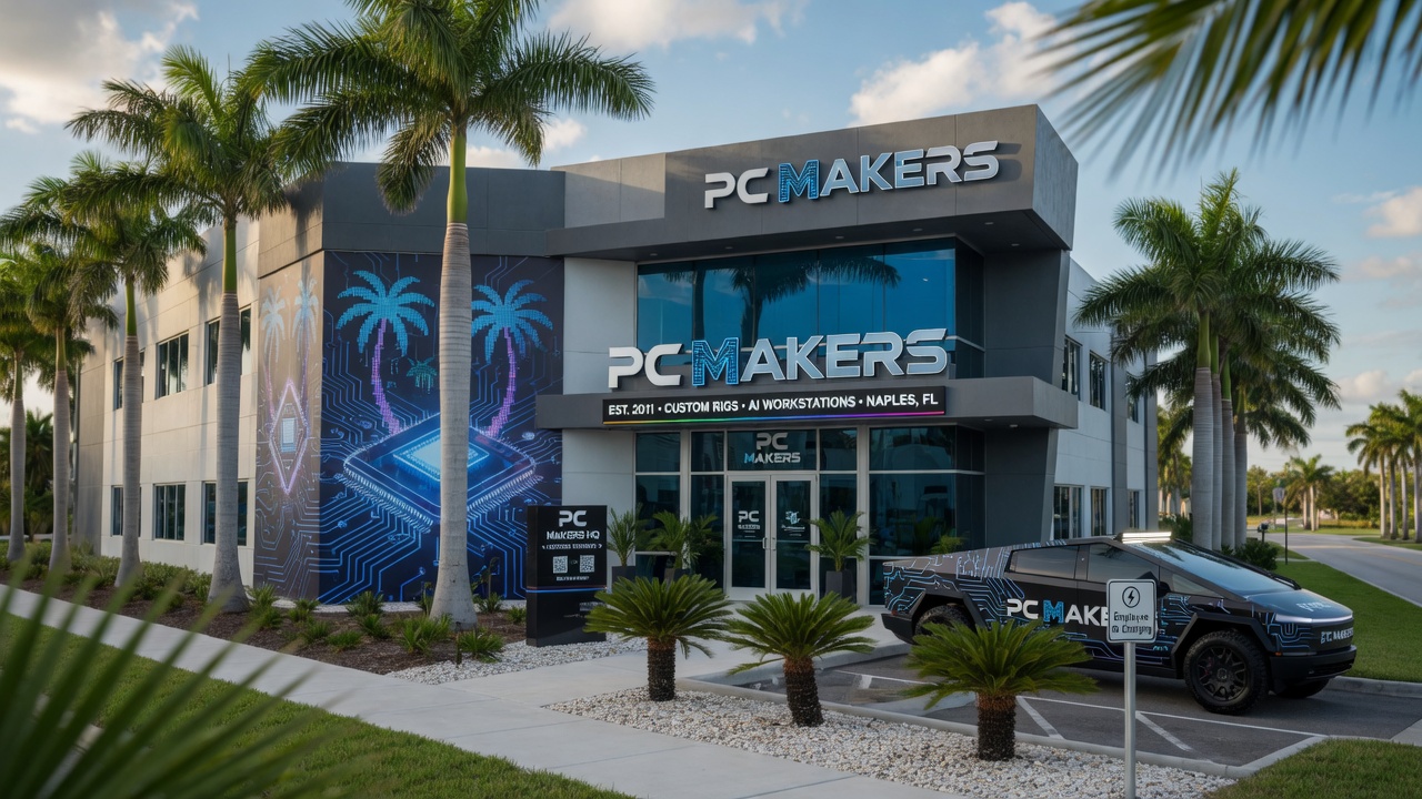 Ultra-realistic 8K wide shot of the PC Makers office exterior in Naples Florida with modern architecture, company signage, palm trees, and technology-themed design elements