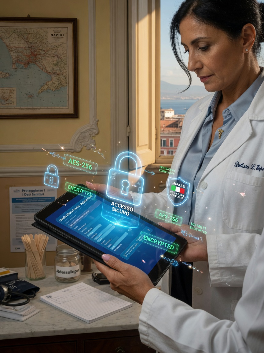Close-up ultra-realistic 8K image of a doctor in white coat using a tablet with secure lock icons and encryption symbols floating around the device, Naples medical practice setting, cinematic lighting