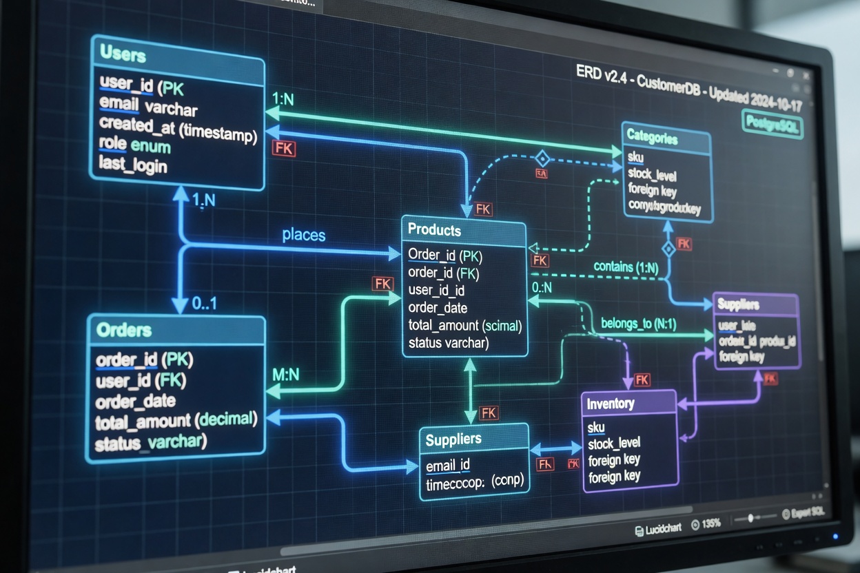 Close-up ultra-realistic 8K image of a computer screen displaying intricate database schema diagram with ERD relationships, glowing blue and teal colors, depth of field, technical precision