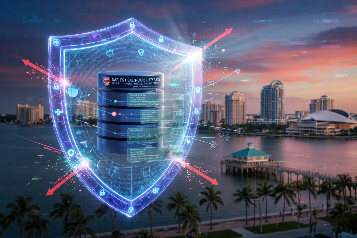 Dramatic 8K visualization of a digital shield protecting a healthcare database with patient records, Naples Florida skyline in soft background, cybersecurity concept art, ultra-detailed