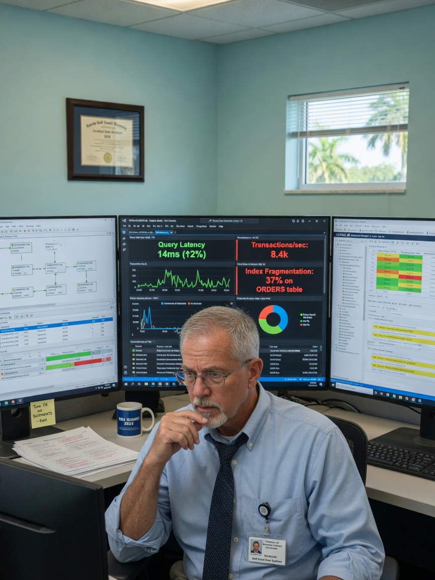 Professional ultra-realistic 8K portrait of a senior database architect in Naples Florida office, wearing business casual attire, focused expression, multiple screens in background showing database performance metrics