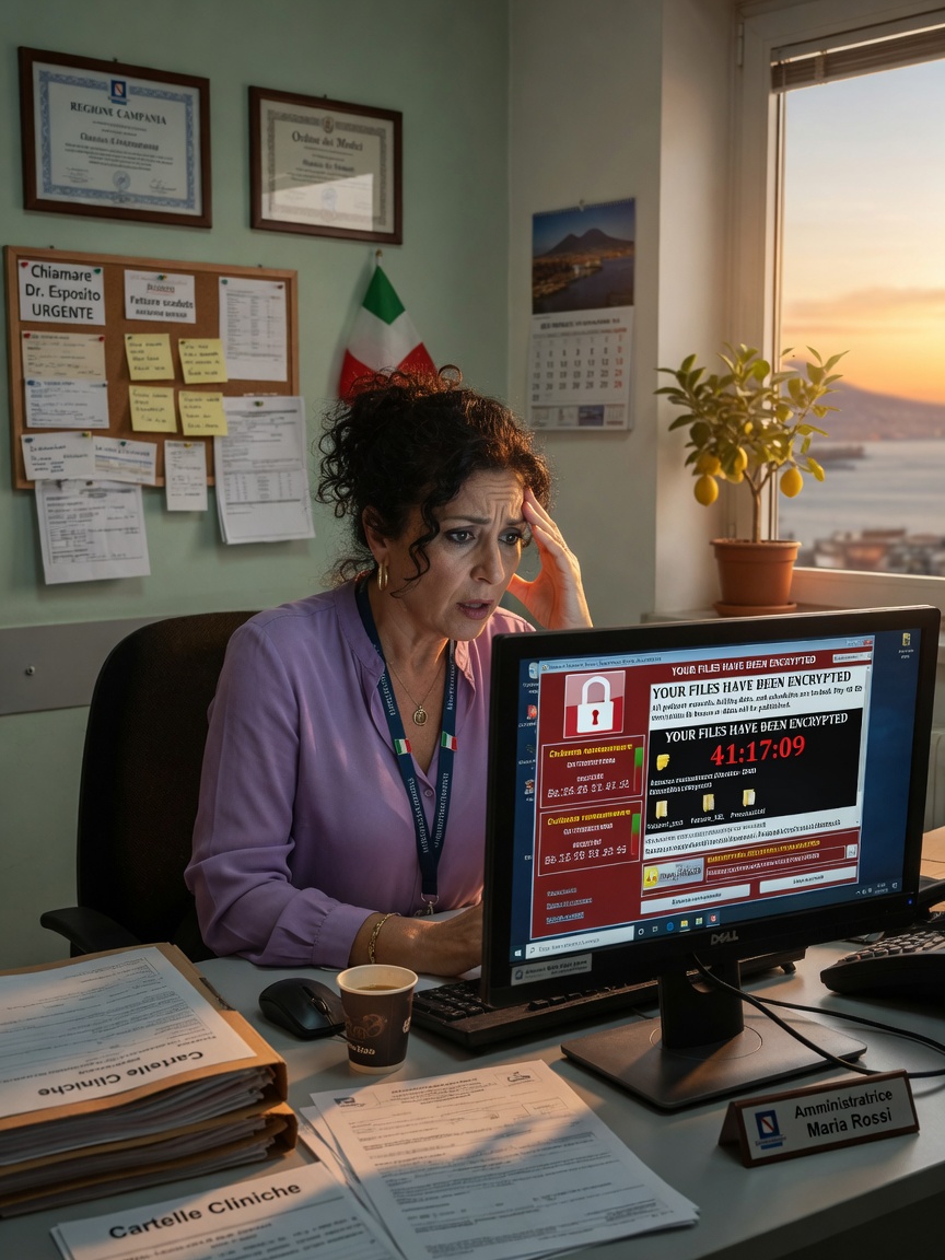 Ultra-realistic 8K image showing a stressed medical practice administrator looking at a computer screen displaying a ransomware attack warning, modern Naples medical office environment