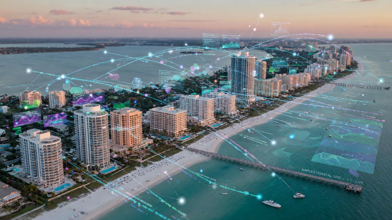 Ultra-realistic 8K aerial view of Naples Florida coastline with luxury high-rise buildings, overlay with glowing digital database network connections and data flow visualization, futuristic tech meets tropical paradise