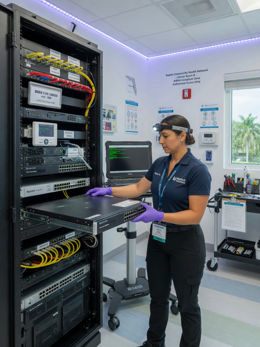 Professional 8K photograph of an IT technician installing enterprise firewall hardware in a medical server room, clean organized environment, Naples Florida healthcare facility