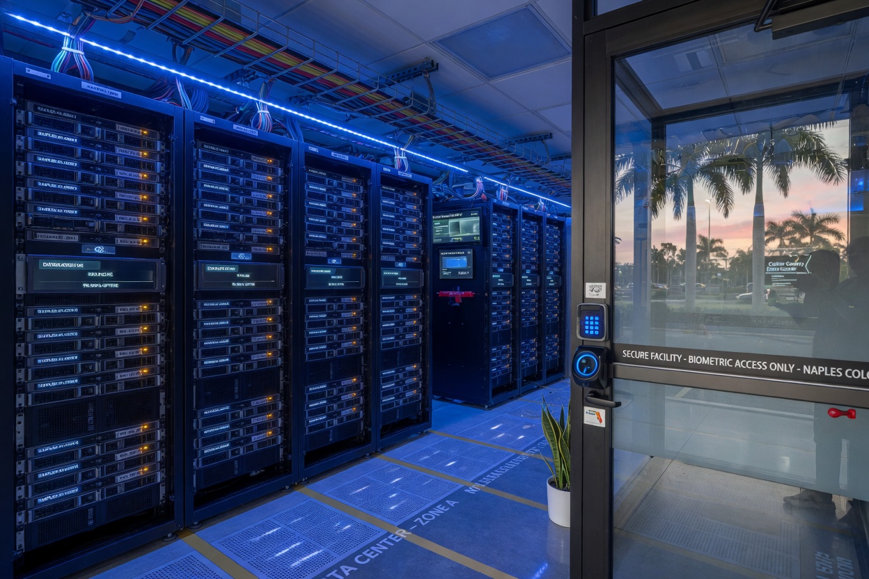 Detailed 8K image of secure server room with racks of enterprise database servers, blue LED lighting, organized cabling, glass door entrance, professional data center environment in Naples Florida