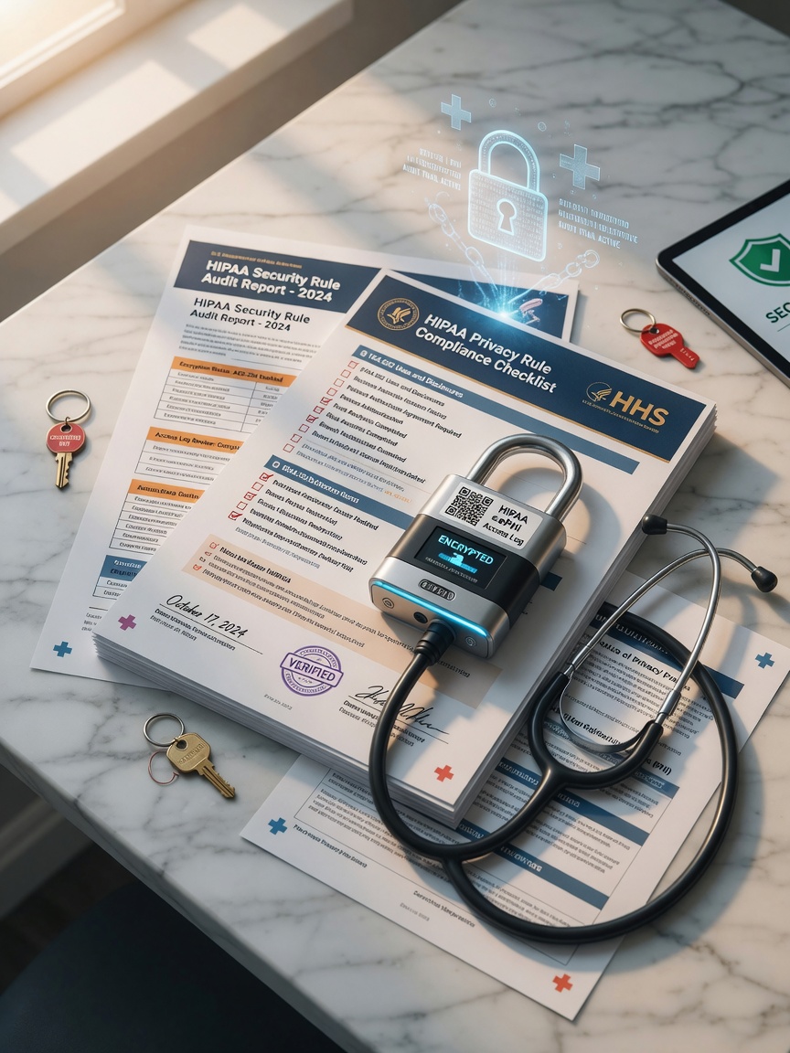 Ultra-detailed 8K conceptual image of HIPAA compliance documents with digital security locks and medical stethoscope, elegant composition with soft natural lighting