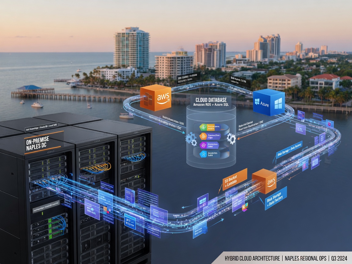 Ultra-realistic 8K visualization of cloud database architecture showing data flowing between on-premise servers and AWS, Azure cloud icons, Naples Florida skyline in soft background, technical infographic style