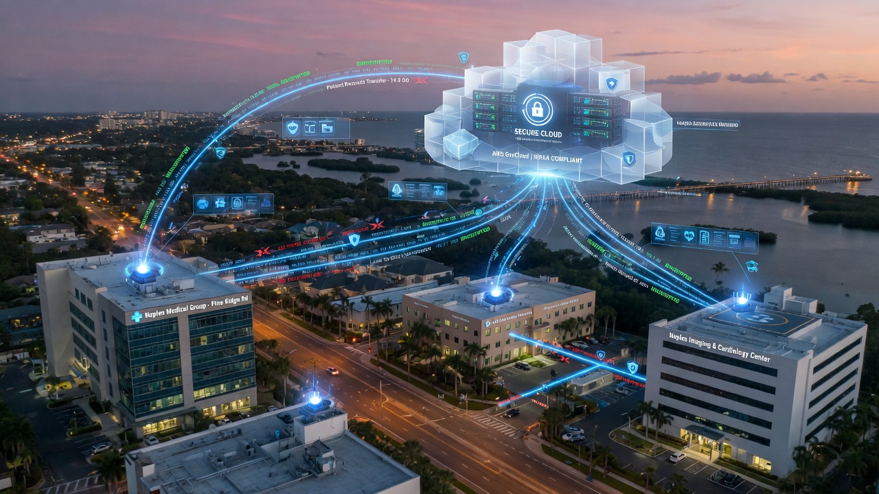 Cinematic 8K image of a secure cloud computing network connecting multiple medical offices in Naples Florida, showing encrypted data transfer with glowing blue security lines