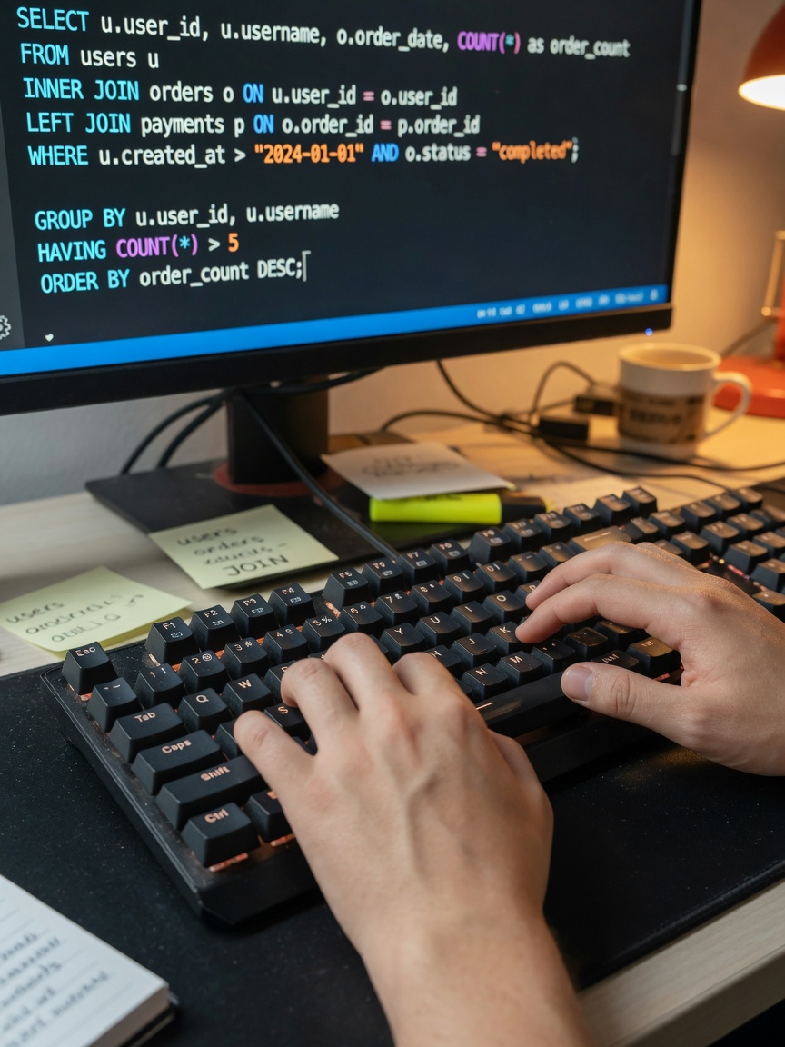 Close-up ultra-realistic 8K photograph of hands typing on a mechanical keyboard with SQL code visible on screen, warm office lighting, shallow depth of field, professional coding environment