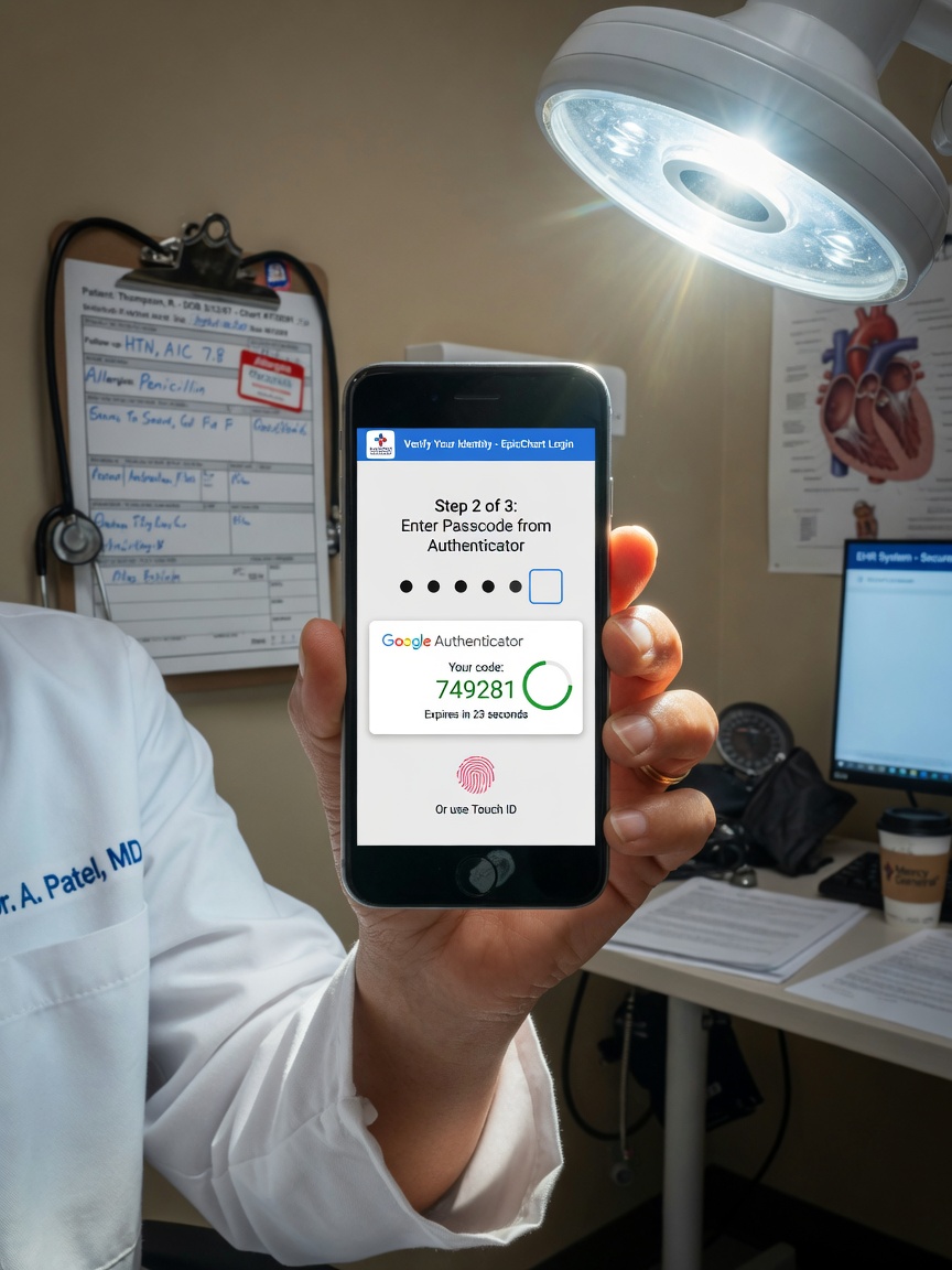 Ultra-realistic 8K photo of a multi-factor authentication process on a smartphone in a doctor's hand, medical office background with blurred patient chart visible