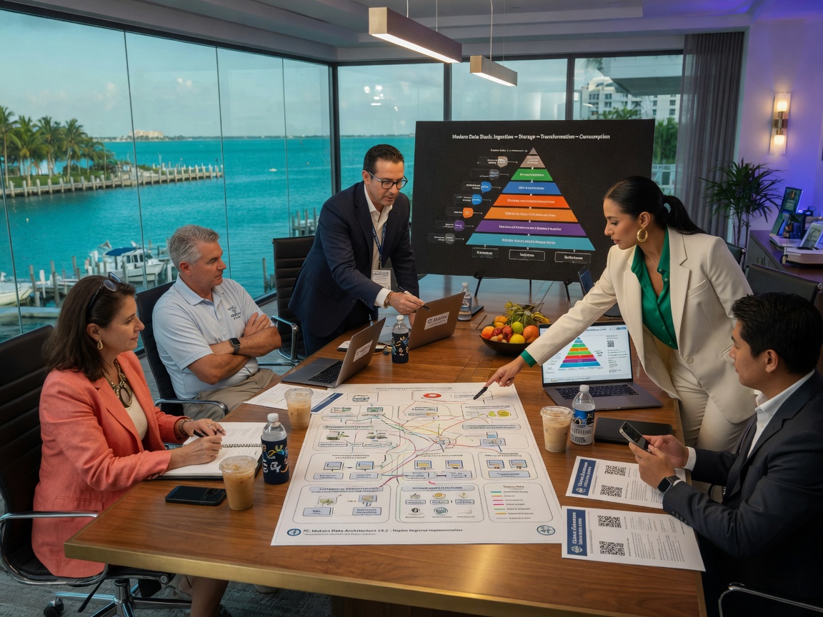 Ultra-realistic 8K image of a Naples Florida business meeting where PC Makers database consultants present data architecture diagrams to clients around a modern conference table with waterfront view