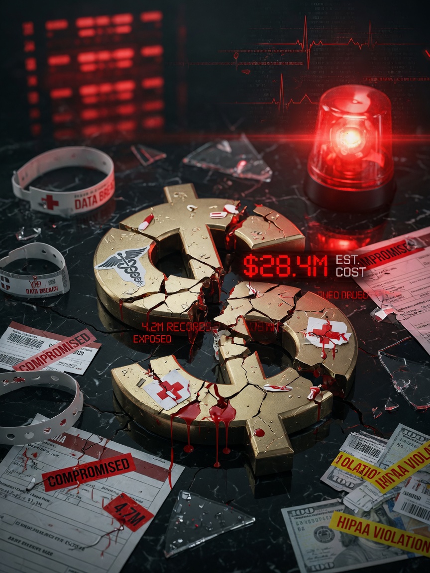 Dramatic 8K visualization showing the financial cost of data breach with broken dollar signs and medical symbols, dark background with red warning elements, conceptual art