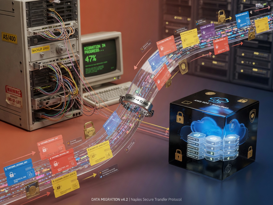 Technical 8K visualization of data migration process showing information transferring from old legacy systems to modern cloud database with security locks and encryption symbols, Naples color palette